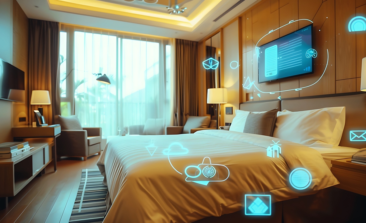 Hotelzimmer mit KI-vernetzten digitalen Icons für Gästeservices, Kommunikation und smartes Zimmer-Management
