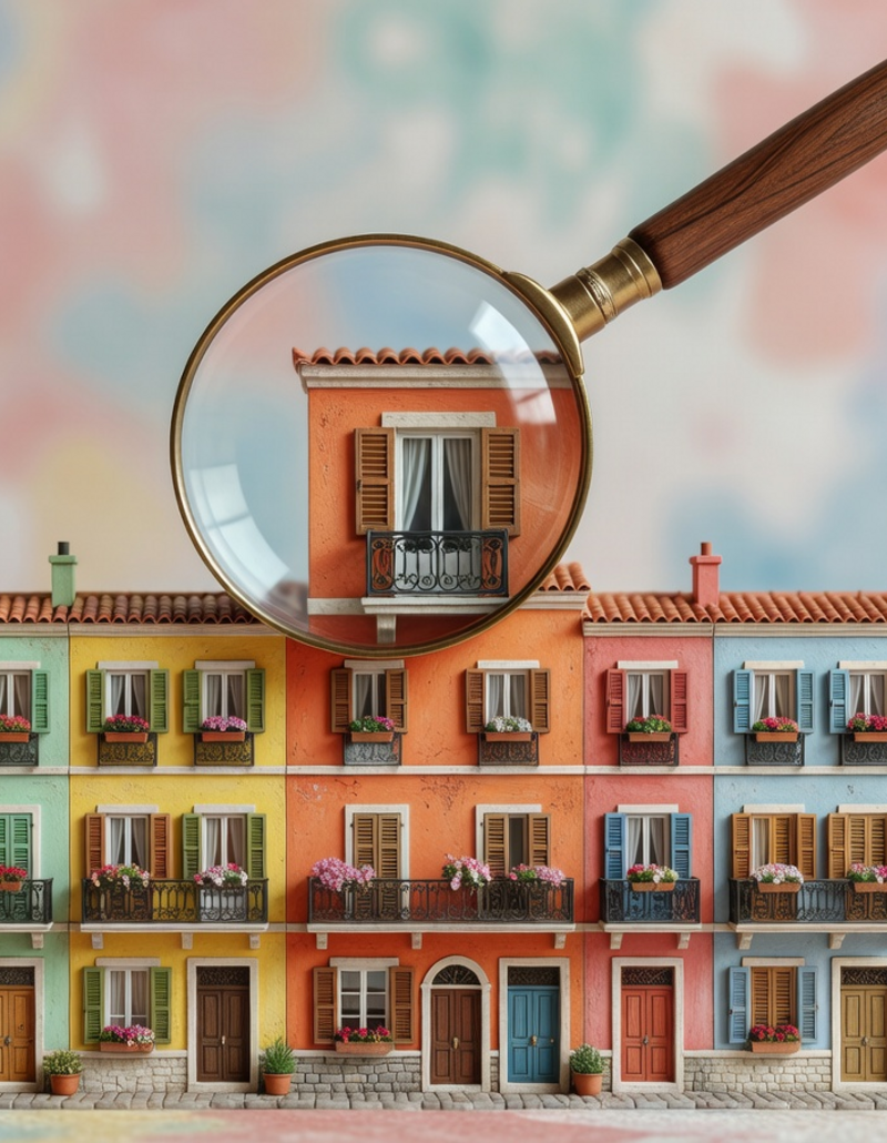 Magnifying glass over a row of boutique hotel facades – one hotel in focus, the others blurred