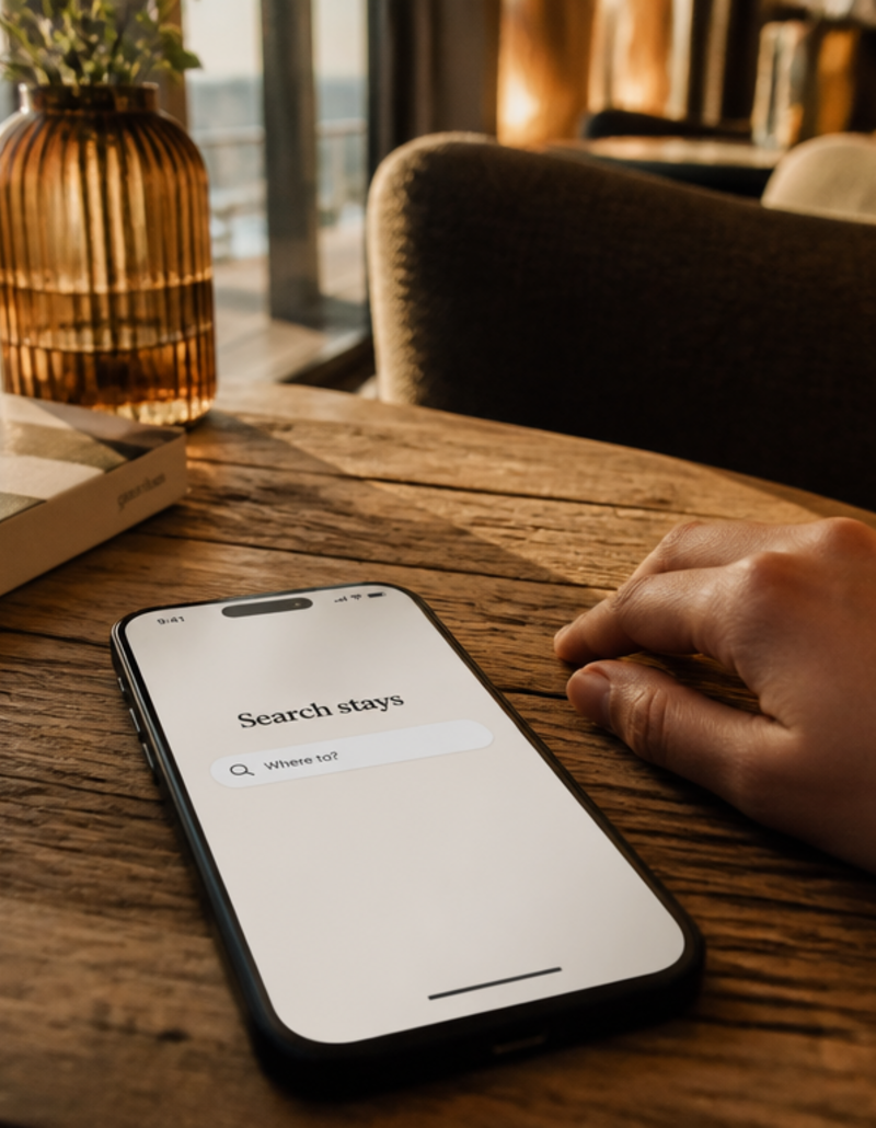Person's hand beside a smartphone on a rustic wooden table, screen showing a travel booking app with "Search stays" and a "Where to?" search bar, cozy sunlit interior with sea view in the background.