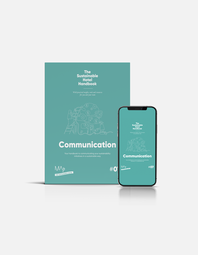 The Sustainable Hotel Handbook: Communication — teal cover shown on a print handbook and a smartphone.
