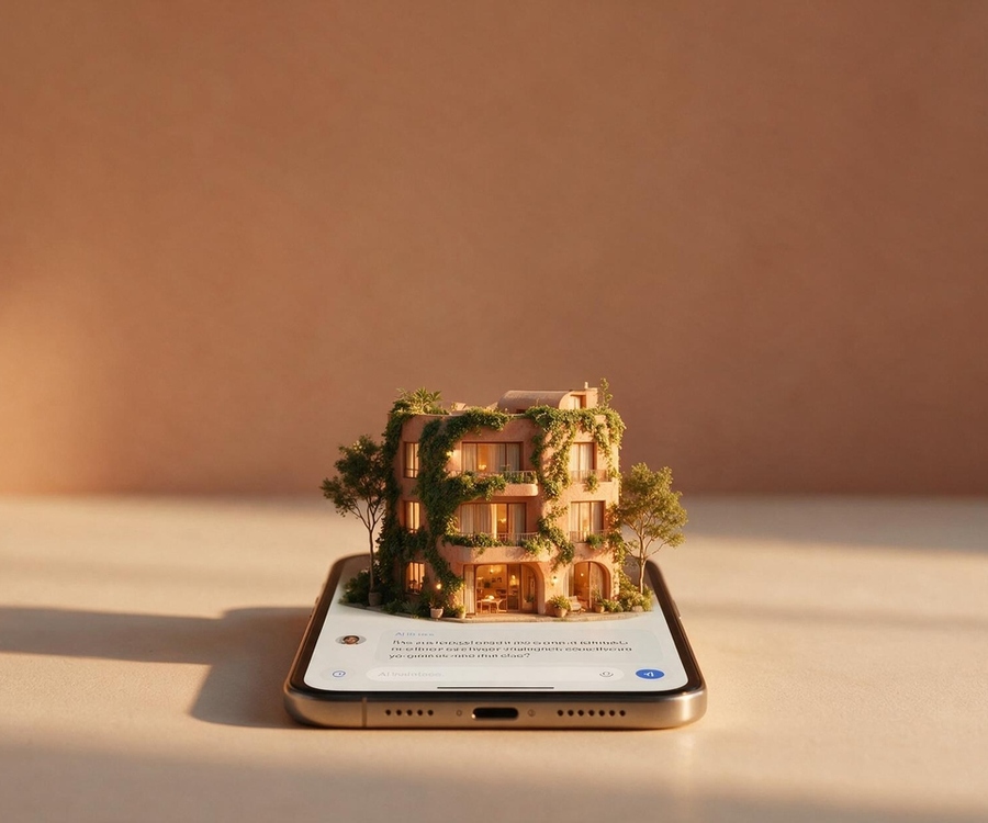 Miniature plant-covered boutique hotel with warmly lit rooms rising out of a smartphone that shows an AI chat screen, set against a warm terracotta background