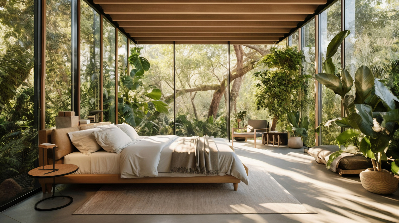 Luxury resort interior design with natural light, sustainable materials and eco-friendly style.