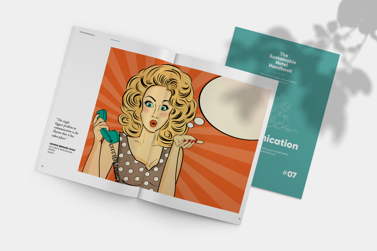 Open printed spread from the Communication handbook with pop-art illustration; teal cover partially visible