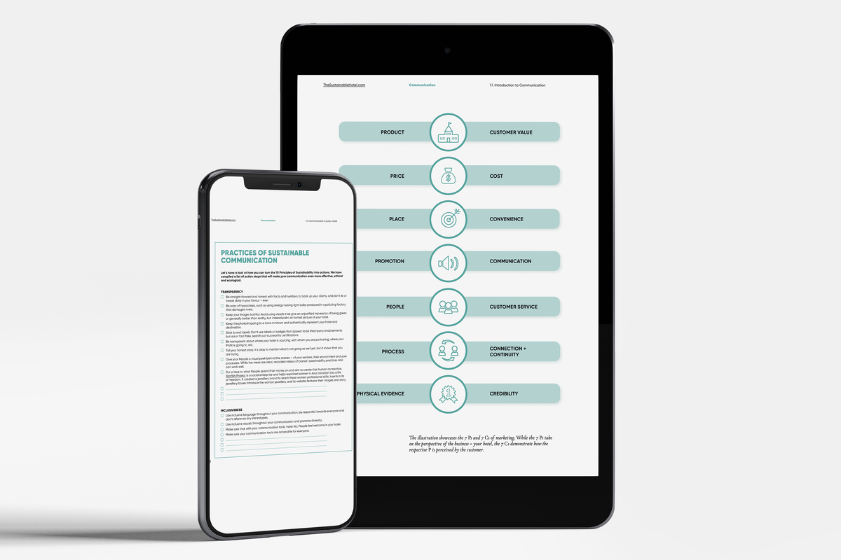 Practices of Sustainable Communication checklist displayed on smartphone and tablet