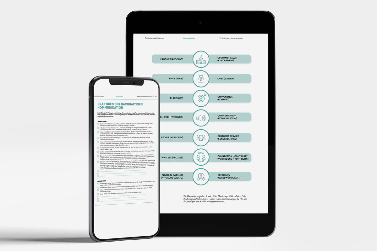Checkliste „Principles of Sustainable Communication“ angezeigt auf Smartphone und Tablet