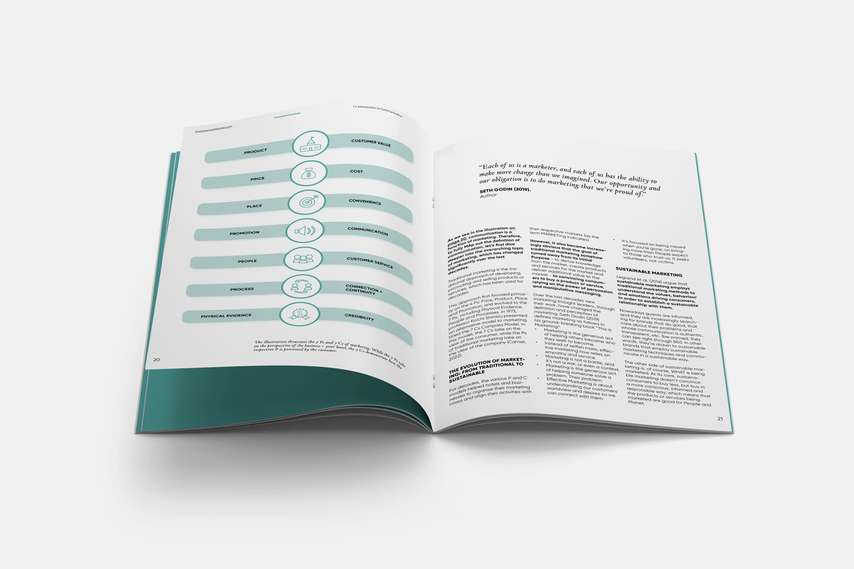Open spread with the seven Ps and seven Cs diagram and sustainable marketing content