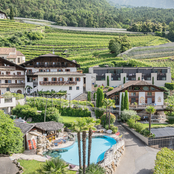 paloria apartments & sport, with an outdoor pool, palm trees and traditional buildings among vineyards in South Tyrol